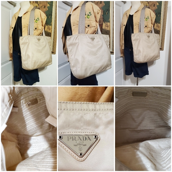AUTHENTIC PRADA TESSUTO NYLON BEIGE TRAVEL TOTE SHOULDER BAG ITALY - Picture 1 of 16